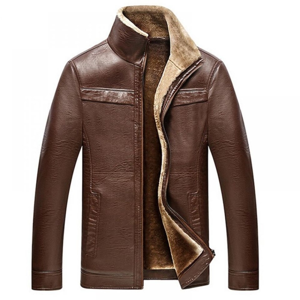 Mens Leather fur Collar куртка коричневая