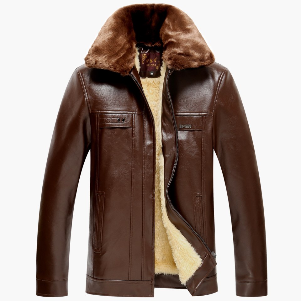 Mens Leather fur Collar куртка коричневая