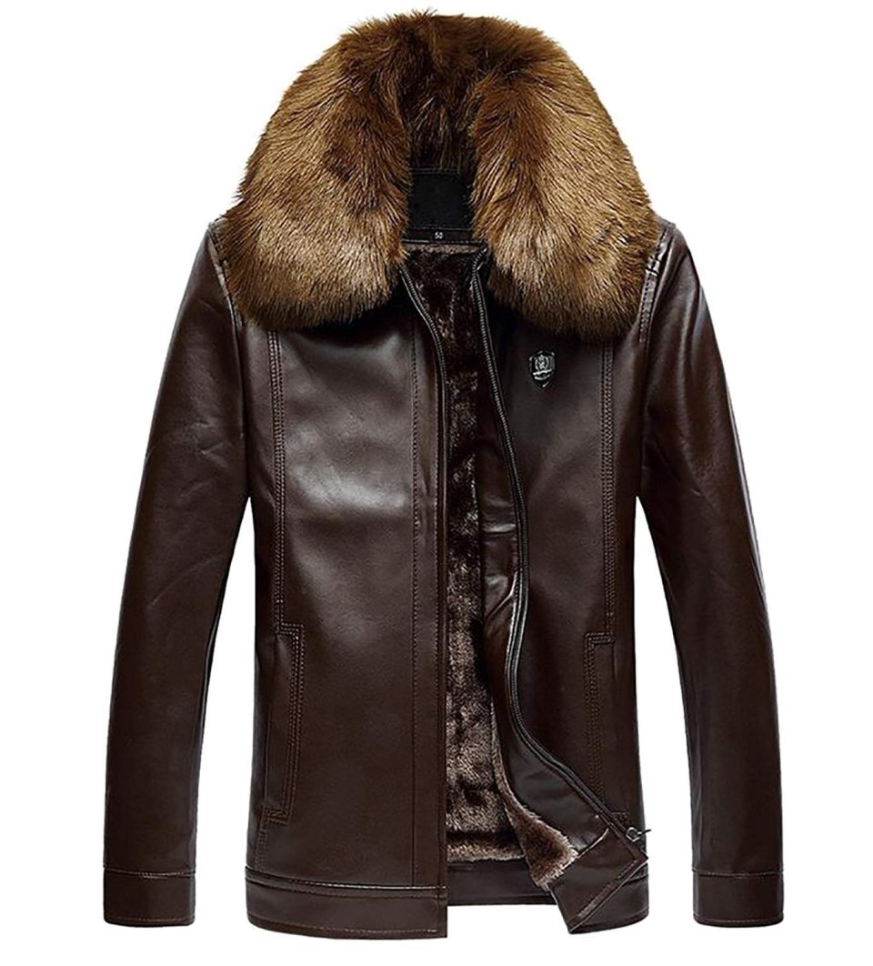 Mens Leather fur Collar куртка коричневая